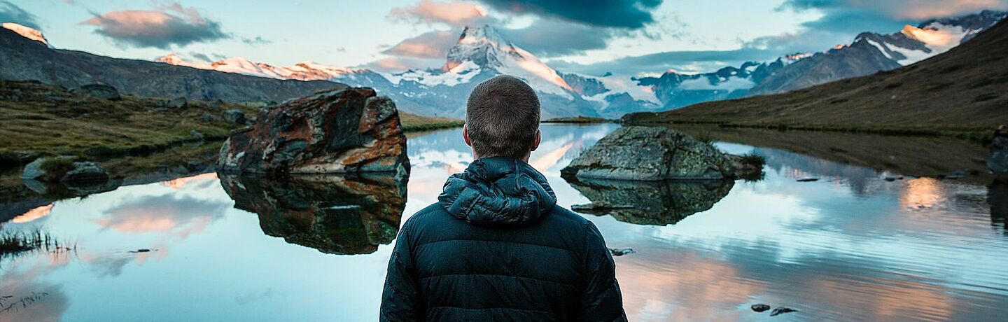 Person steht vor einem See, in dem sich die Wolken spiegeln